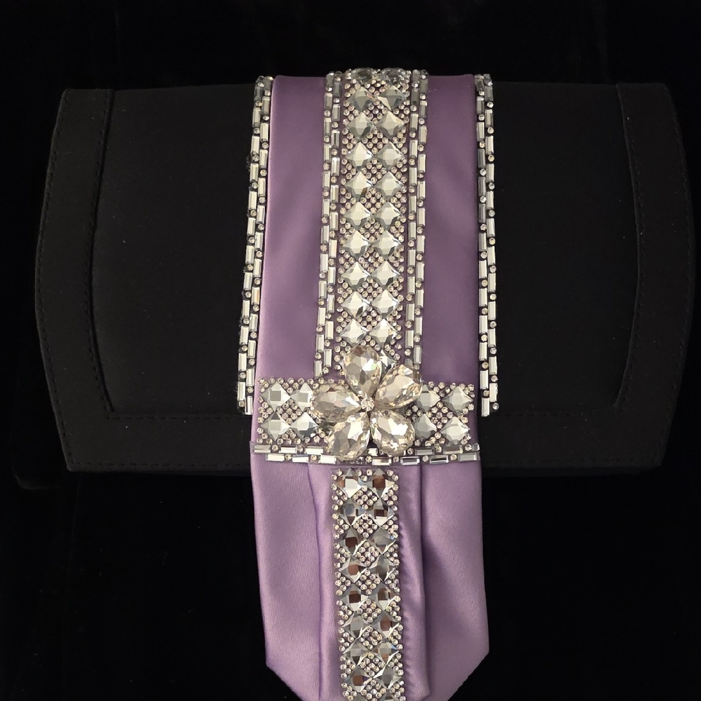 Elegant Black and Purple Clutch with Crystal Embellishments